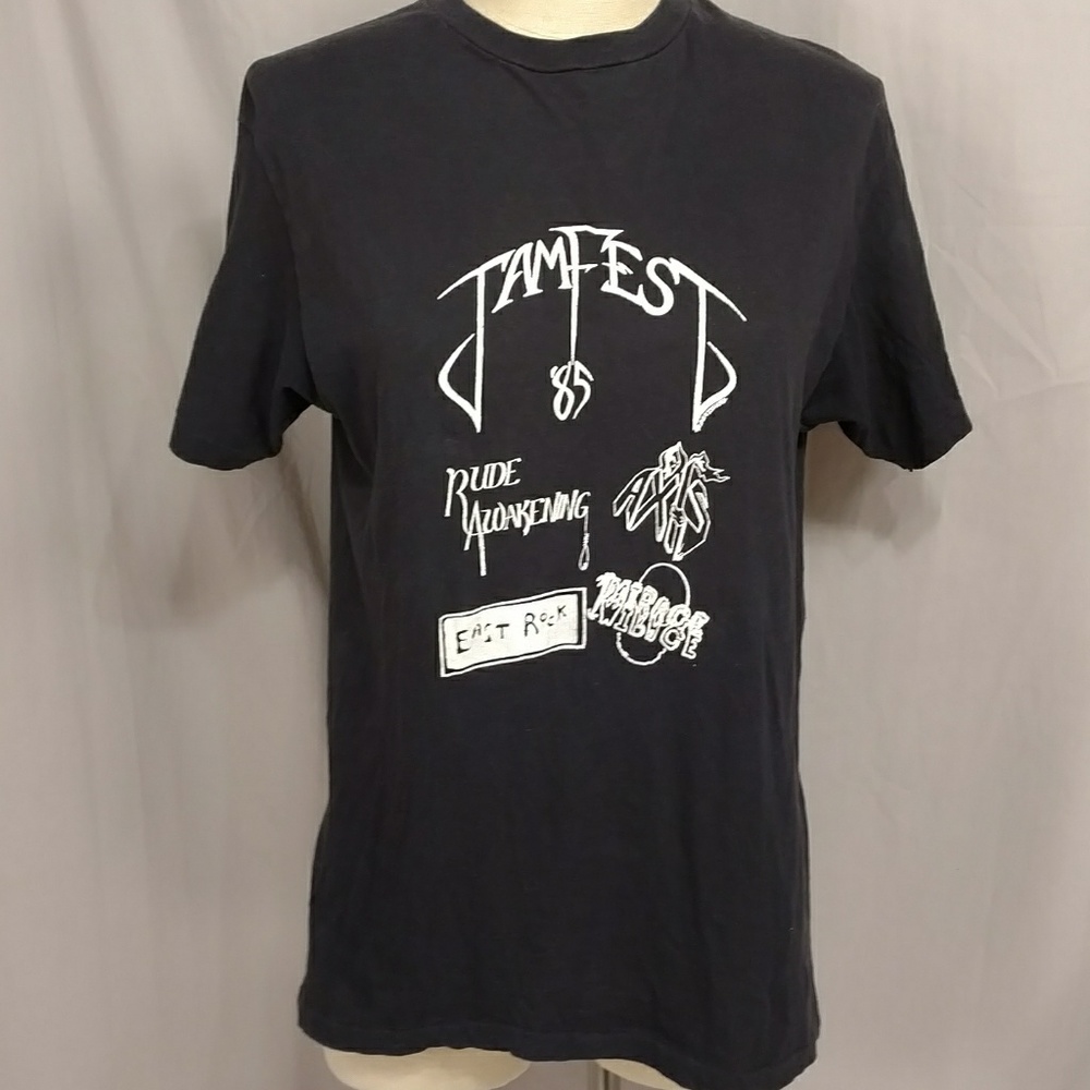 Rare Vintage 1985 Heavy Metal Rock T Shirt Jam Fest Black Tee 3 Band Concert M/L